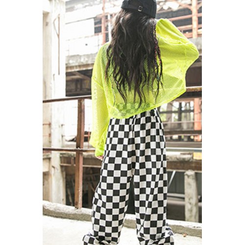 girls Kids green with white plaid singers rapper hip hop street jazz dance costumes Girls gogo dancers Performance Costumes model show outfits for girl